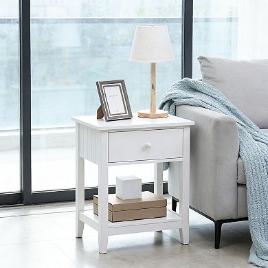 White End Table, 2-tier Side Table with Drawer and Storage Shelf