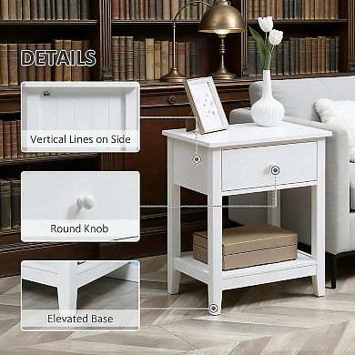 White End Table, 2-tier Side Table with Drawer and Storage Shelf