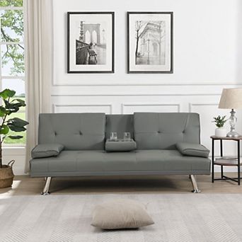 Double sofa bed with armrests, wooden frame, stainless steel legs, and gray PVC material