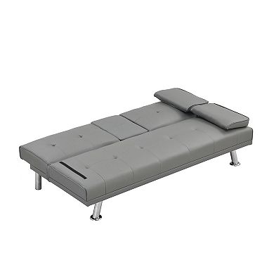 Double sofa bed with armrests, wooden frame, stainless steel legs, and gray PVC material