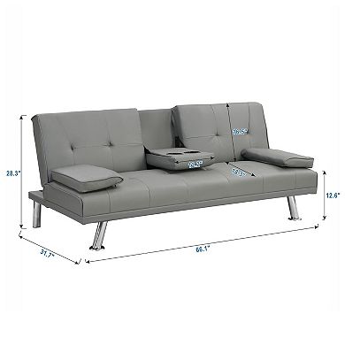 Double sofa bed with armrests, wooden frame, stainless steel legs, and gray PVC material