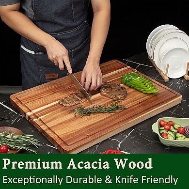 Large Acacia Wood Cutting Board, Butcher Block Cutting Board with Deep Juice Groove, Side Handles