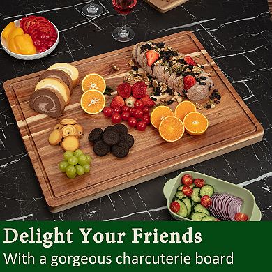 Large Acacia Wood Cutting Board, Butcher Block Cutting Board with Deep Juice Groove, Side Handles