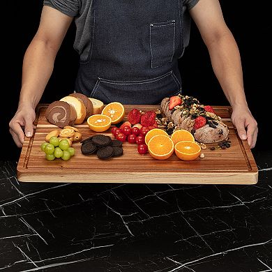 Large Acacia Wood Cutting Board, Butcher Block Cutting Board with Deep Juice Groove, Side Handles