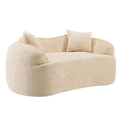Beige curved double sofa with armrests on both sides and two cushions