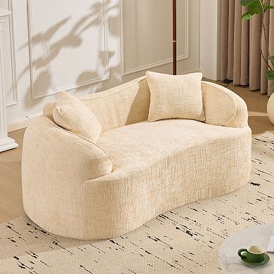 Beige curved double sofa with armrests on both sides and two cushions