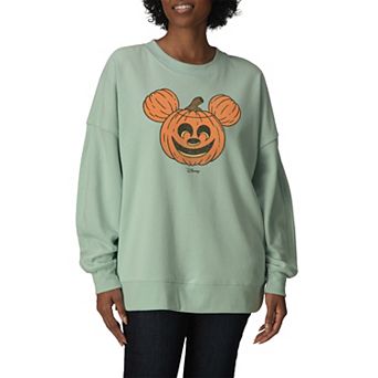 Women's Disney's Mickey Mouse Pumpkin Distressed Oversized Fleece Crew Sweatshirt