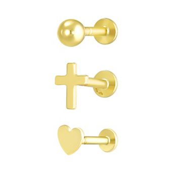 Taylor Grace 10k Gold Ball, Cross & Heart Stud 3-Pair Stud Earring Set