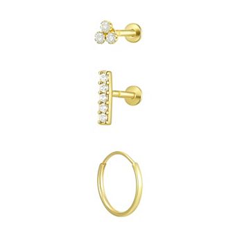 Taylor Grace 10k Gold Cubic Zirconia Hoop & Bar 3-Pair Stud Earring Set