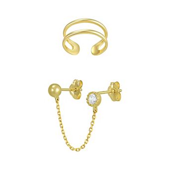 Taylor Grace 10k Gold Cubic Zirconia Ball Chain & Cuff 2-Pair Earring Set