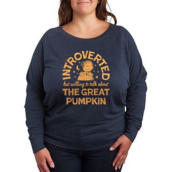 Plus Size Peanuts Introverted The Great Pumpkin Quote French Terry Long Sleeve Tee