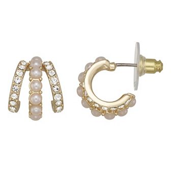 You're Invited Gold Tone Simulated Pearl & Crystal Huggie Earrings