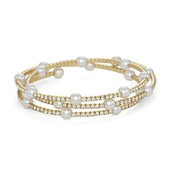 You're Invited Gold Tone Simulated Pearl & Crystal Coil Bangle Bracelet