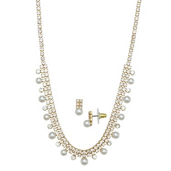 You're Invited Gold Tone Crystal & Simulated Pearl Necklace & Stud Earring Set