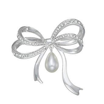 You're Invited Silver Tone Simulated Pearl & Crystal Bow Pin
