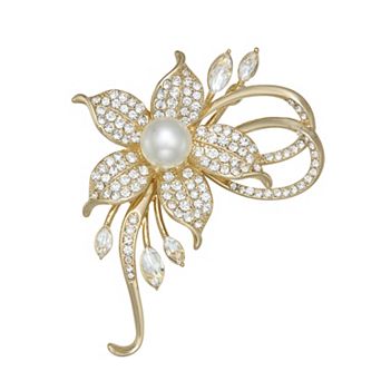 You're Invited Gold Tone Crystal & Simulated Pearl Flower Pin
