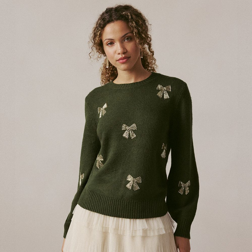 Women's LC Lauren Conrad Crewneck Balloon Sleeve Bow Embellished Sweater