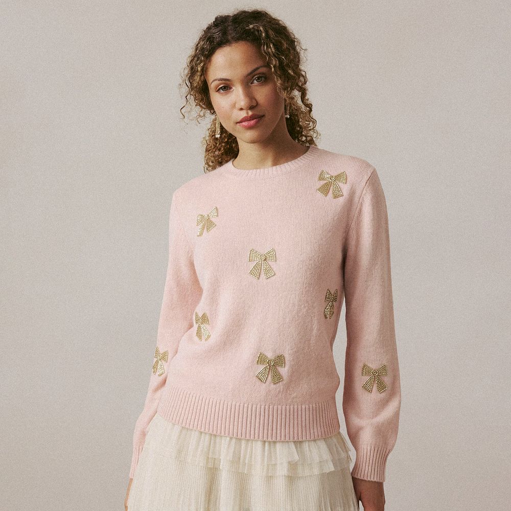 Petite LC Lauren Conrad Crewneck Balloon Sleeve Bow Embellished Sweater