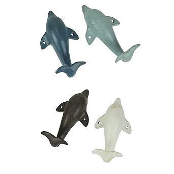 4 pc Distressed Finish Cast Iron Dolphin Wall Hook Set Coastal Colors
