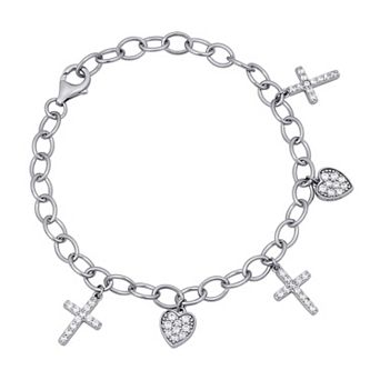 Argento Forte Sterling Silver Cubic Zirconia Heart & Cross Charm Bracelet
