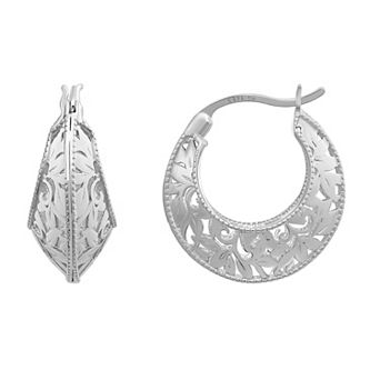 Argento Forte Sterling Silver Tapered Filigree Hoop Earrings