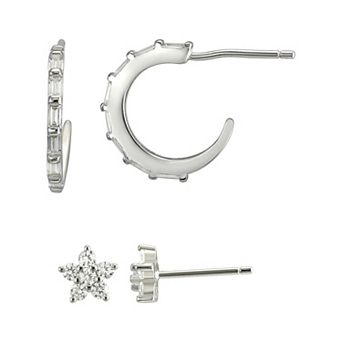 Argento Forte 2-Pair Sterling Silver Cubic Zirconia Star Stud & Hoop Earring Set