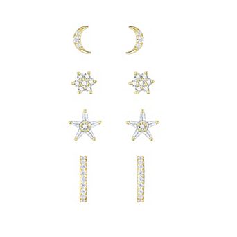 Argento Forte 4-Pair 14k Gold over Sterling Silver Cubic Zirconia Stud Earring Set