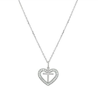 Argento Forte Sterling Silver Cubic Zirconia Heart & Cross Pendant Necklace