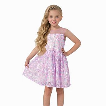 2Bunnies Girls' Iridescent Pastel Cotton Candy Sequin Illusion Sleeveless Dress