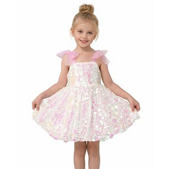 2Bunnies Girls' Sparkly Iridescent Sequin Tulle Party Dress with Pink Bow Straps