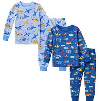 Kids Boys Blue Dinosaurs Cars 2 Pack Long Sleeve Pajamas Snug Fit