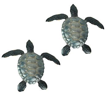 Set of 2 Blue Galvanized Metal Sea Turtle Wall Art Hanging Sculpture Home Decor