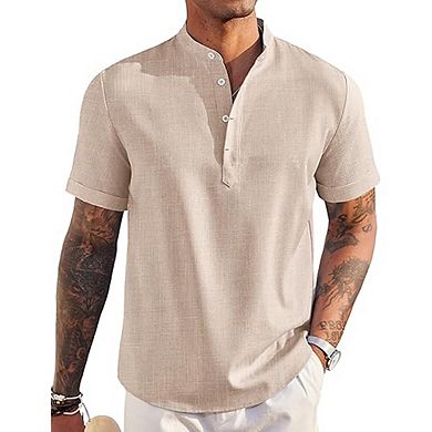 Men’s Linen Henley Shirt Short Sleeve Casual Lightweight Summer Beach