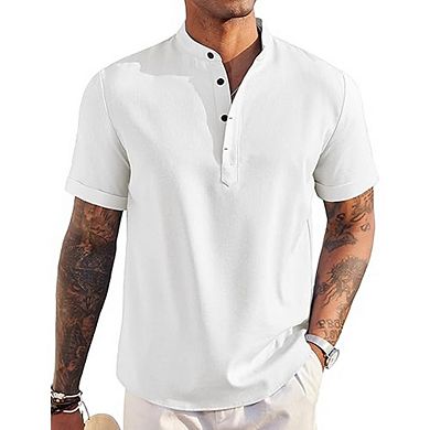 Men’s Linen Henley Shirt Short Sleeve Casual Lightweight Summer Beach