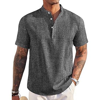 Men’s Linen Henley Shirt Short Sleeve Casual Lightweight Summer Beach