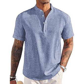 Men’s Linen Henley Shirt Short Sleeve Casual Lightweight Summer Beach