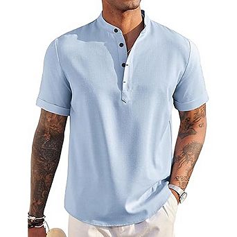 Men’s Linen Henley Shirt Short Sleeve Casual Lightweight Summer Beach
