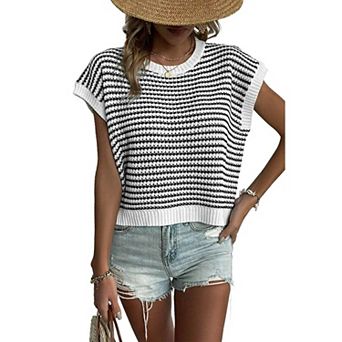 Women's Striped Knit Short Sleeve Top Casual Loose Crochet Summer Sweater Vest