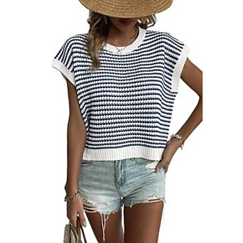 Women's Striped Knit Short Sleeve Top Casual Loose Crochet Summer Sweater Vest