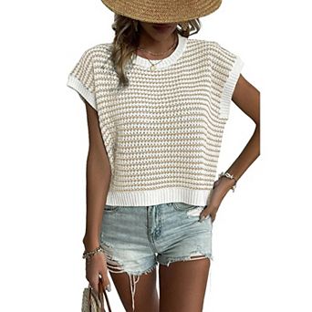 Women's Striped Knit Short Sleeve Top Casual Loose Crochet Summer Sweater Vest