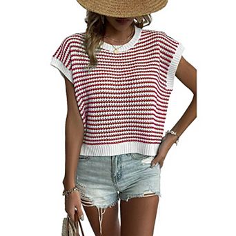 Women's Striped Knit Short Sleeve Top Casual Loose Crochet Summer Sweater Vest