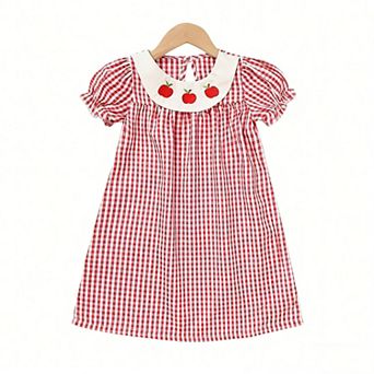 Girls Gingham Dress with Peter Pan Collar & Fruit Embroidery, Casual A-Line Swing Dress