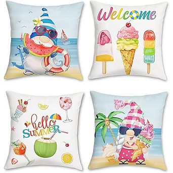 Summer Gnome Pillow Covers Set, Beach Tropical Decor Hidden Zipper Set of 4
