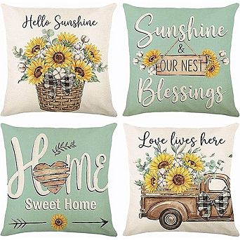 Spring Summer Throw Pillow Covers Set, Sunflower Truck Polyester Hidden Zipper Decor