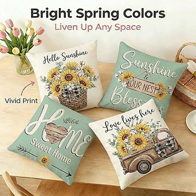 Spring Summer Throw Pillow Covers Set, Sunflower Truck Polyester Hidden Zipper Decor