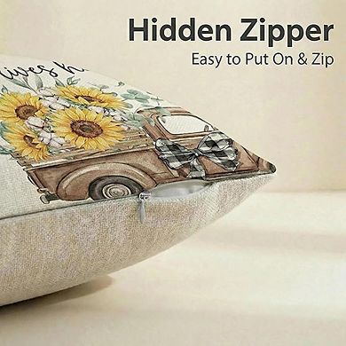 Spring Summer Throw Pillow Covers Set, Sunflower Truck Polyester Hidden Zipper Decor