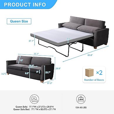 Mjkone 77" Queen Size Velvet Pull Out Sleeper Sofa Bed with Tri-Folding Mattress