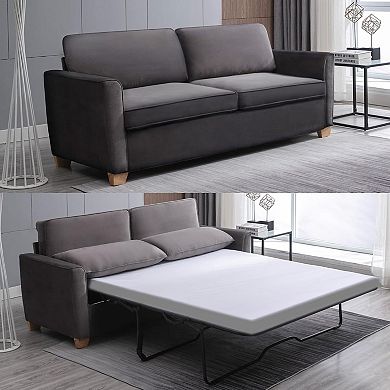 Mjkone 77" Queen Size Velvet Pull Out Sleeper Sofa Bed with Tri-Folding Mattress