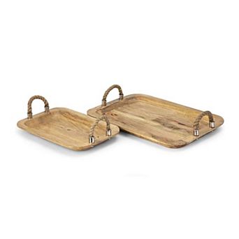 Set of 2 Elevate Interiors Tabari Wood Trays with Mango Wood and Textured Jute Handles