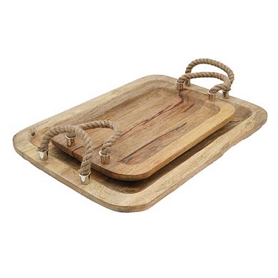 Set of 2 Elevate Interiors Tabari Wood Trays with Mango Wood and Textured Jute Handles